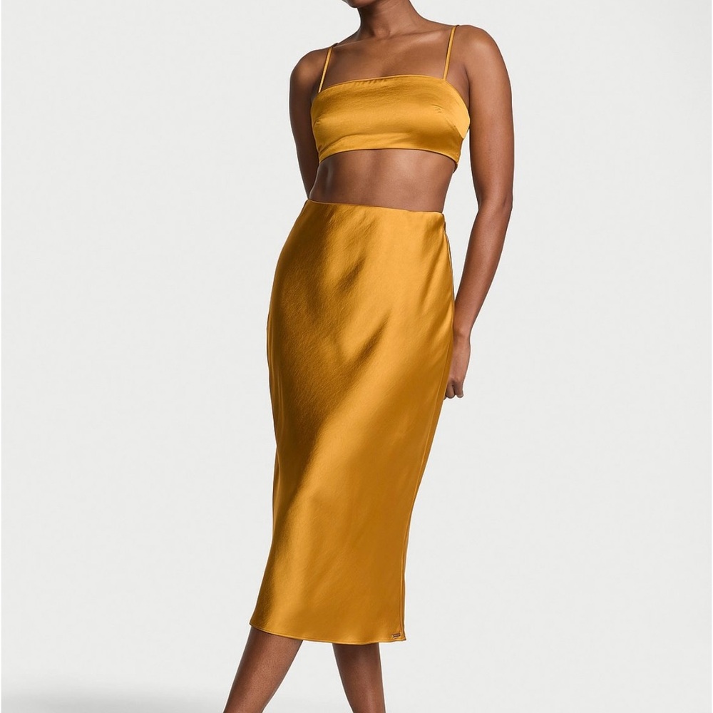 Victoria's Secret Golden Chai Luxe Satin Crop Bandeau Top and Slip Skirt Set